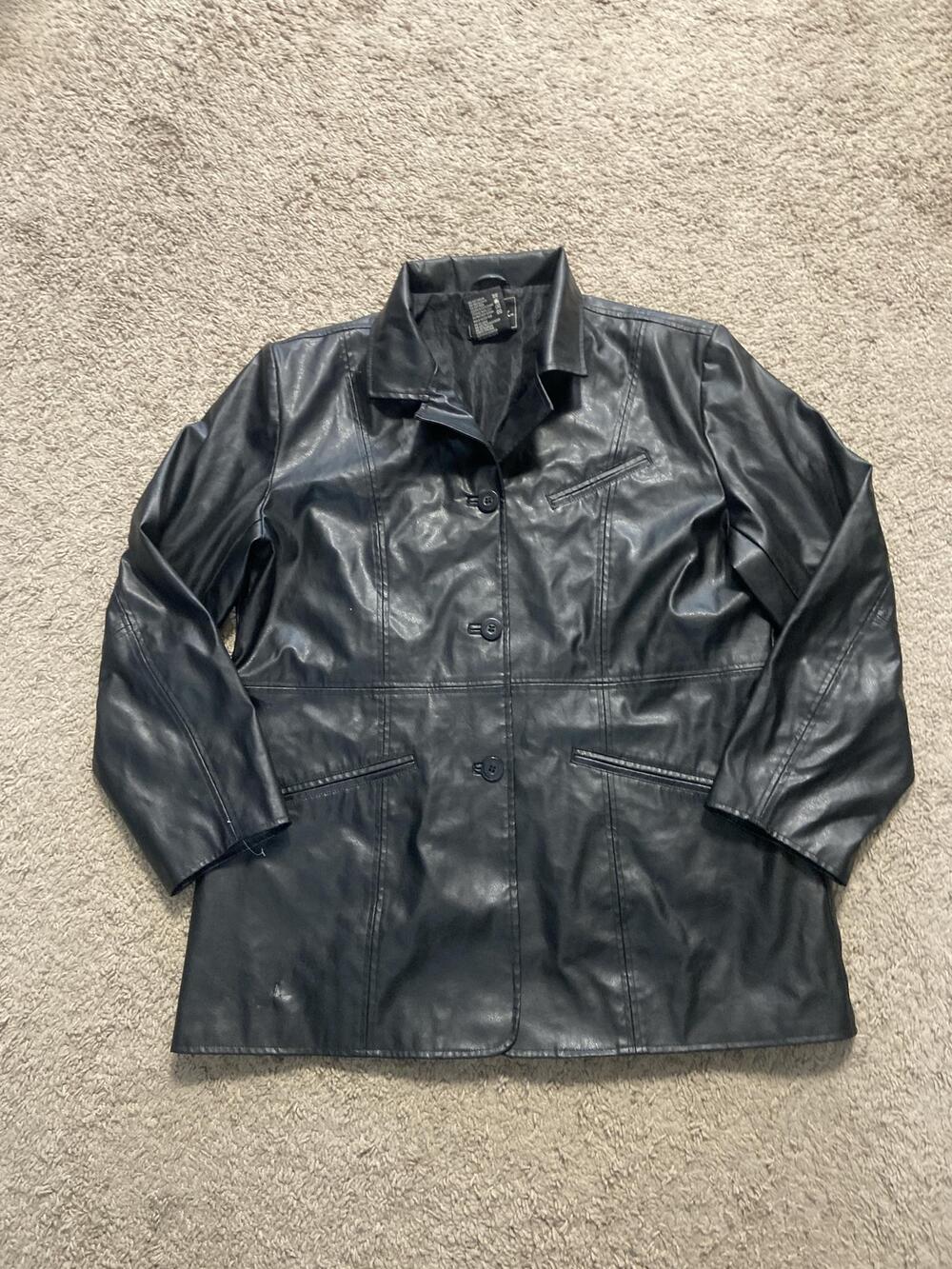 Outbrook Jacket Womens Large Black Faux Leather Button Front Lined Mid Length
